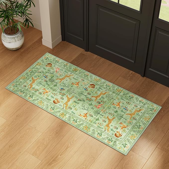 DUKINO 2x5 Rug for Hallway, Washable Animal Runner Rug Non Slip Light Green | - Image 3