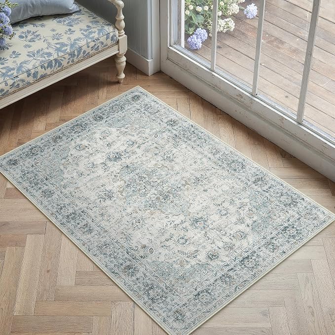 2x3 Light Blue Retro Floral Washable Area Rug - Image 2