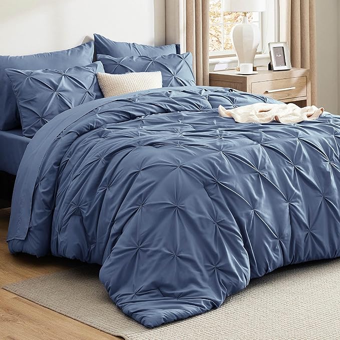 Bedsure Full Comforter Set Slate Blue - Bed in a Bag Full Size Bedding Set 7 Pieces, GentleSoft™ Pintuck Bed Set Gift for Family, Pinch Pleat All Season Comforter with Sheets, Pillowcases & Shams