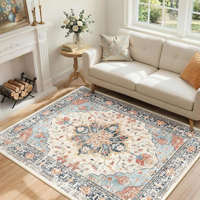 RELEANY Washable Area Rug, Water Repellent, Pet Friendly, Vintage Floral Boho - Image 2