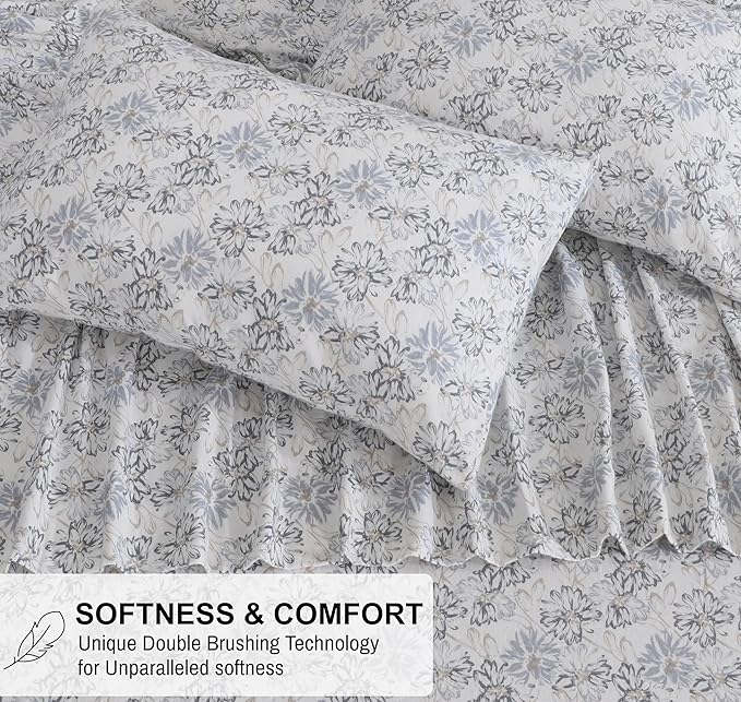 RUVANTI Flannel Sheets Queen Size - 100% Cotton Double Brushed Bed Sheets, Deep Pockets 16 Inches Queen Sheet Set, All Seasons Breathable & Extra Soft - Warm & Cozy, 4 Piece, Pacific