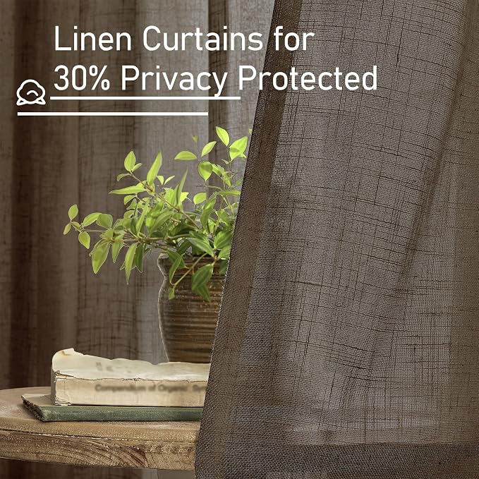 Dark Brown Sheer Linen Curtains 2 Panels Set Light Filtering Panels | 102 inch - Image 5