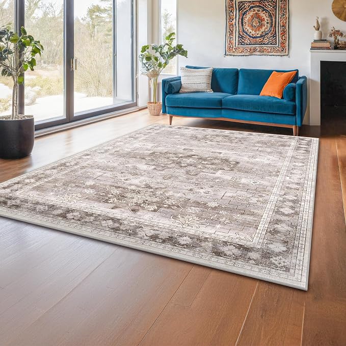 Washable Neutral Farmhouse Living Room Rug, 5x7 Area Rugs - Image 9
