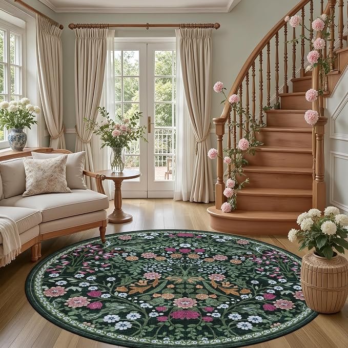 PLHXFR Round Area Rug Living Room: 6 ft Floral Washable Carpet Dark Green | - Image 2