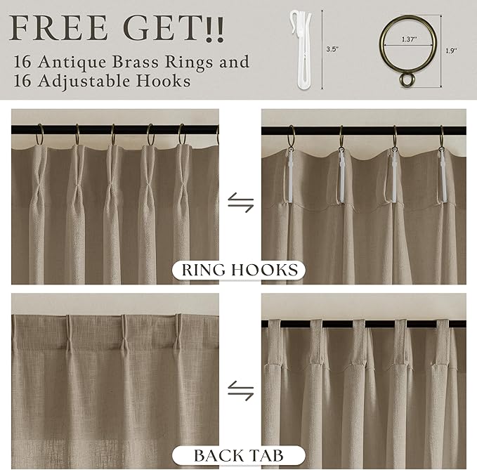 Camel Tan Linen Pleated Semi Sheer Privacy Back Tab Curtains 102 Inch Long | - Image 6