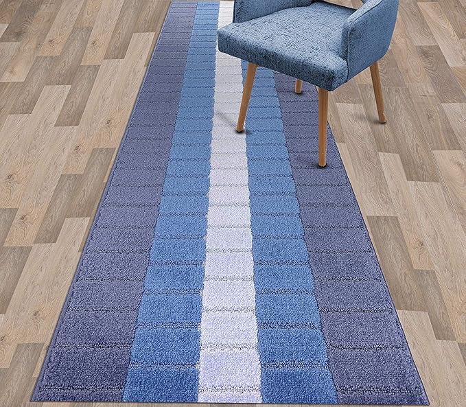 Custom Size Coastal Nautical Style Runner Rug Carpet for Hallway Entryway, Slip Resistant Latex Rubber Backed, 31 inch Wide X Customized Length, Squares Blue, 31 inch X 40 feet