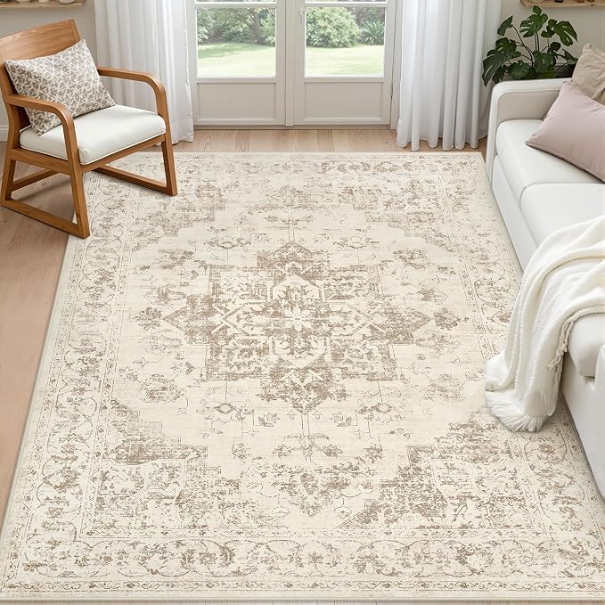 6x9 Area Rugs Living Room: Bedroom Washable Carpet Beige/Ivory | Vintage Boho by Luxturiy