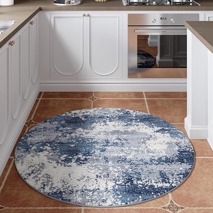 Blue Round Area Rugs 4ft Washable Circle Rug - Image 3