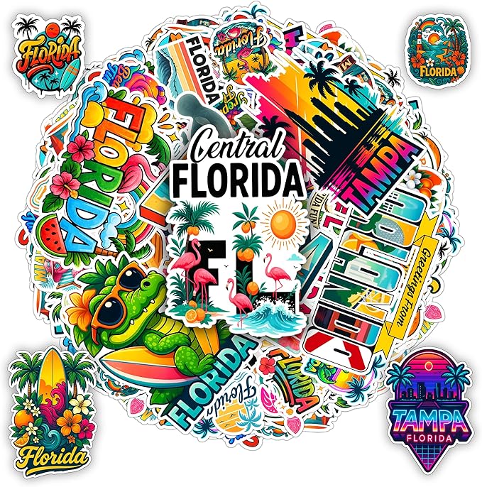 100 PCS Florida Travel Stickers Pack, Vinyl Waterproof Decals of Beaches Palm Trees Oranges State Icons and City Skylines, Gift for Kids Teens Adults Laptop Water Bottle Scrapbook Luggage Car
