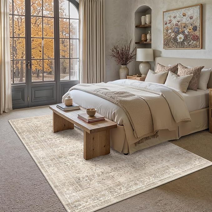 Schweek 6x9 Beige Area Rug Washable Neutral Distressed Rugs - Image 3