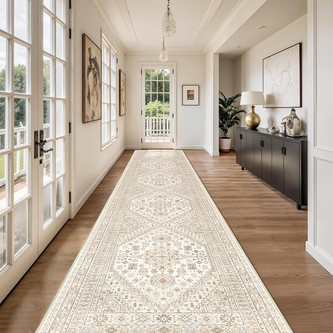 Washable Runner Rug 2.5x14, Long Kitchen Rugs Non-Slip, Cream/Beige | Vintage by Restydon