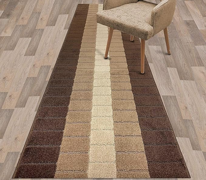Custom Size Modern Geometric Pattern Carpet Runner Rug for Hallways, Slip Resistant Latex Rubber Backed, 31 inch Wide X Customized Length, Squares Brown, 31 inch X 40 feet