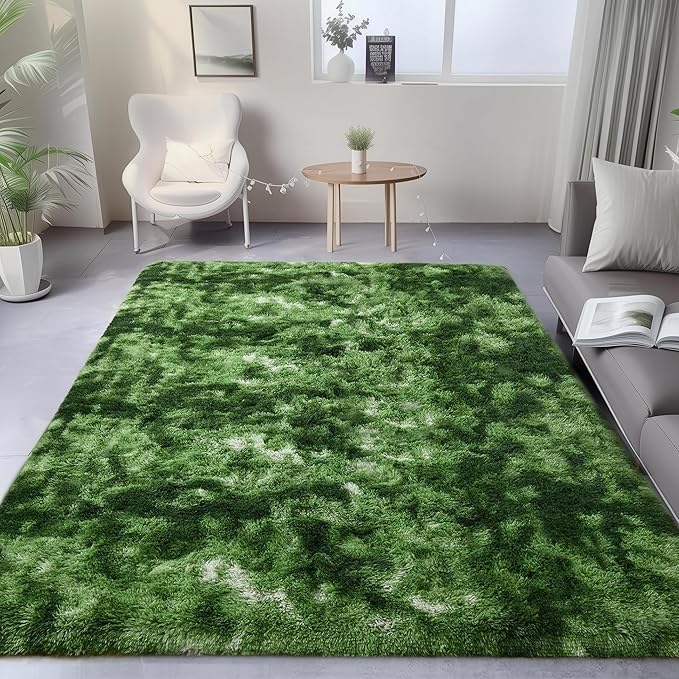 Fluffy Moss Green Rugs for Living Room 5x8, Modern Bedside Forest Carpets | by PAGISOFE