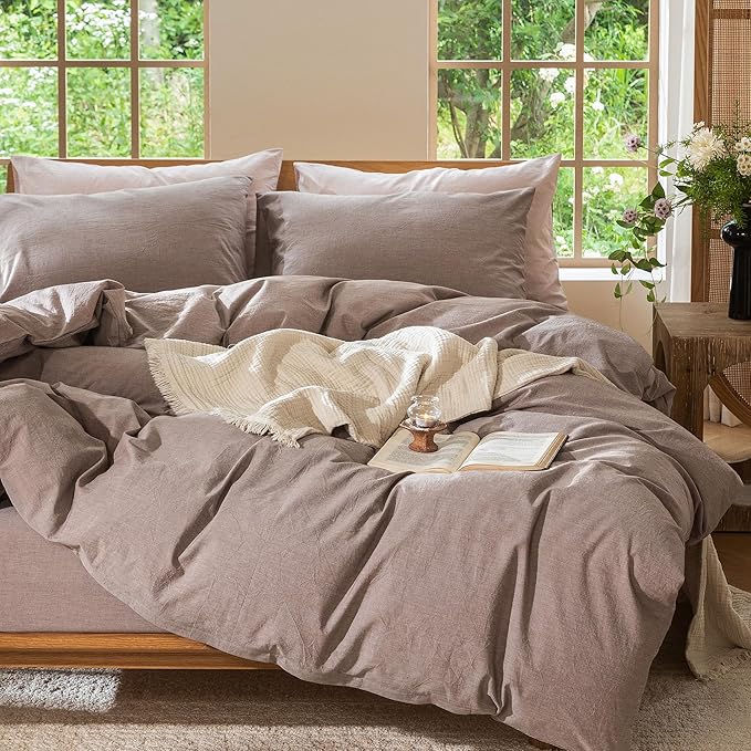 MooMee Bedding Duvet Cover Set 100% Washed Cotton Linen Like Textured Breathable Durable Soft Comfy (Heathered Mauve Brown, Super Queen 90"x98")