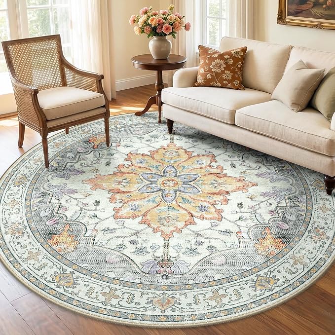 RELEANY Washable Area Rug, Round 6ft, Water Repellent, Pet Friendly, Vintage by RELEANY