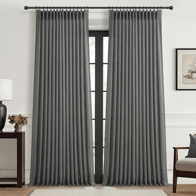 Natural Linen Semi Sheer Ceiling Curtains 102 Inches Long 2 Panels by PleatedDrapes