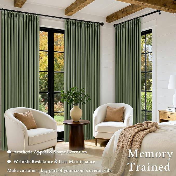 102 Inch Olive Green Linen Pinch Pleated Black Out Curtains - Image 4