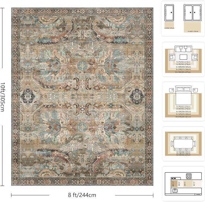 8x10 Area Rugs, Vintage Retro Soft Washable Rug, Non-Slip Low Pile Rugs - Image 2