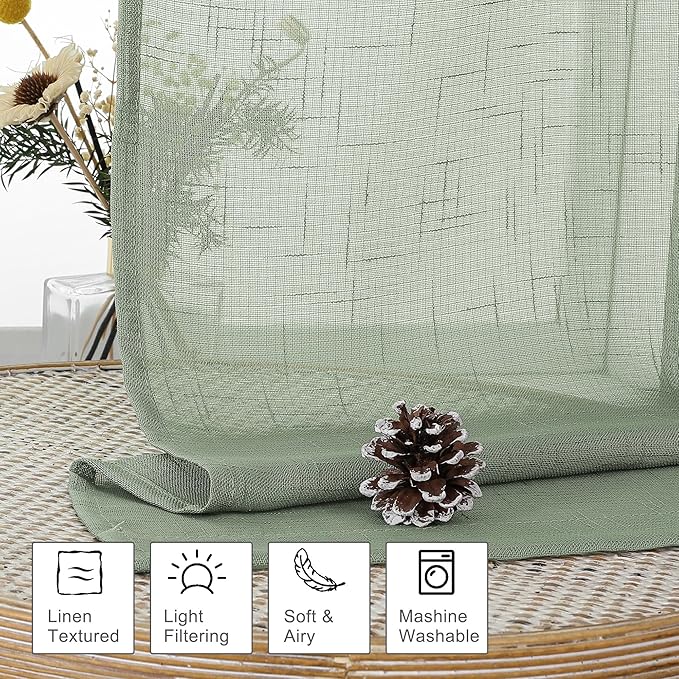 Aiyufeng Sheer Sage Green Kitchen Curtains 24 inch Length 2 PCS, Semi Sheer Linen Curtains for Bedroom, Faux Linen Textured Burlap Short Tier Farmhouse Cafe Curtains for Small Windows, 30Wx24L inch
