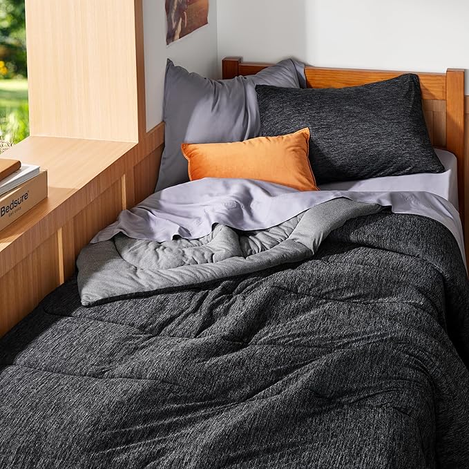 Bedsure Twin/Twin XL Comforter Set - Cooling and Warm Bed Set, Charcoal Black Reversible Bedding for All Season, 2 Pieces, 1 Twin/Twin XL Size Comforter (68"x88") and 1 Pillow Case (20"x26")