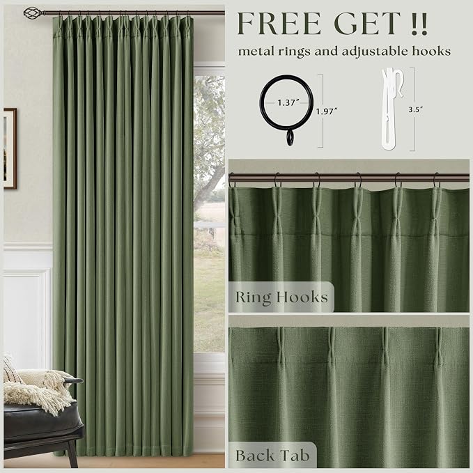 80 Inch Olive Green Linen Pinch Pleated Blackout Curtains - Image 5