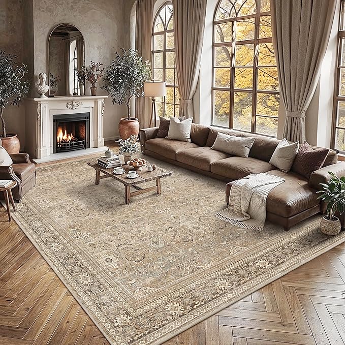 Schweek 8x10 Washable Area Rugs Khaki Vintage Carpet Non Slip - Image 3