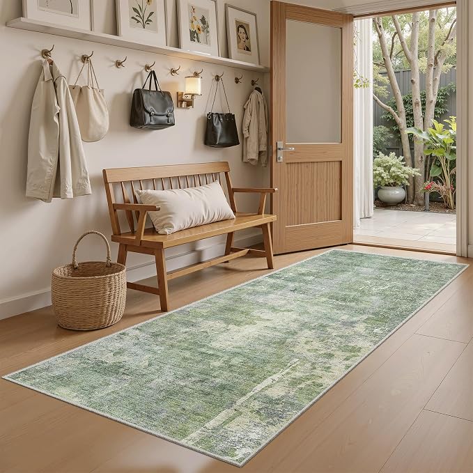 Soalmost Abstratc Runner Rug 2x5 Washable Kitchen Entry Runners Green/Ivory | - Image 2