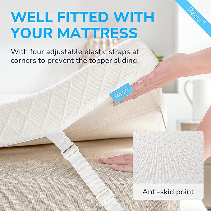 RECCI Memory Foam Mattress Topper, Pressure-Relieving Mattress Topper for Back Pain, Non-Slip Design with Removable & Washable Cover, CertiPUR-US Certified, 3 Inch Queen