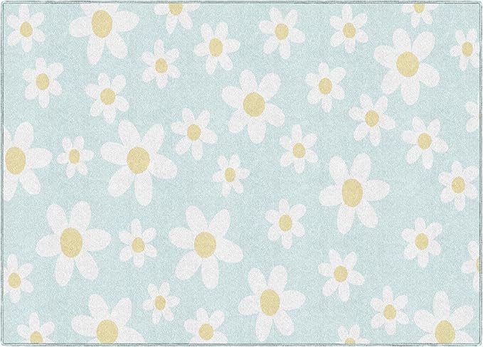 Flagship Carpets Schoolgirl Style White Daisies on Blue Educational Area Rug for Kids Room Seating Décor, Children's Classroom, Play Carpet for Teaching and Playroom, 5' x 7'6"