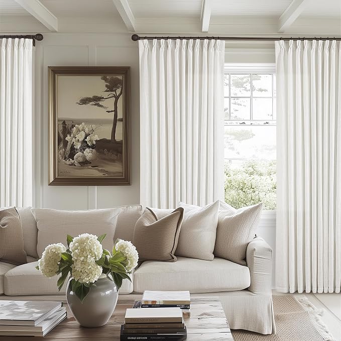 Beige White Pinch Pleat Semi Sheer Linen Curtain W70xL90 1 Panel | Light - Image 7