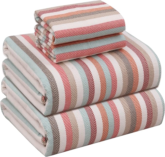 RUVANTI Flannel Sheets Full Size - 100% Cotton Double Brushed Bed Sheets Set, Deep Pockets 16 Inches, All Seasons Breathable & Extra Soft Full Sheets, Warm & Cozy, 4 Piece, Multi Chevron Stripe