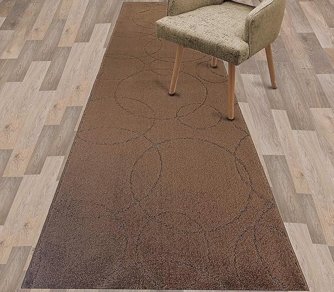 Custom Size Modern Geometric Pattern Carpet Runner Rug for Hallways, Slip Resistant Latex Rubber Backed, 31 inch Wide X Customized Length, Circles Brown, 31 inch X 10 feet
