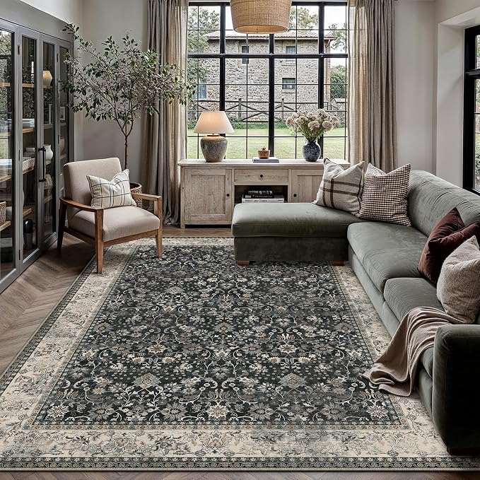9x12 Black Beige Vintage Floral Washable Area Rug by HUGEAR