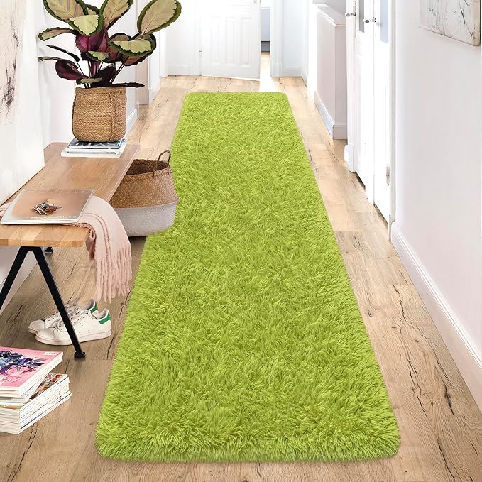 2x10 Bedside Area Rugs for Bedroom Soft Fluffy Shag Green Rug for Hallway - Image 3