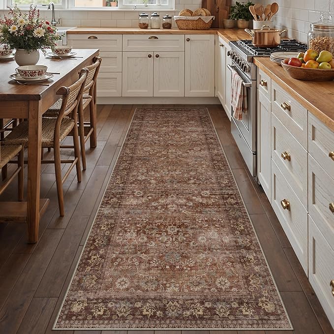 2x10 Brick Red Vintage Floral Washable Runner Rug by HUGEAR