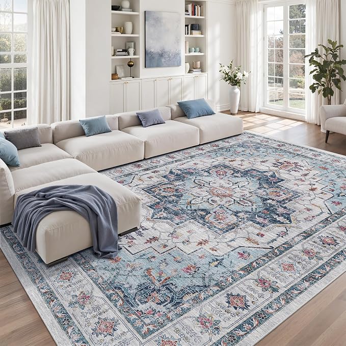 9x12 Area Rugs for Living Room, Large Washable Rug, Dining Room, Low Pile by Zesthome