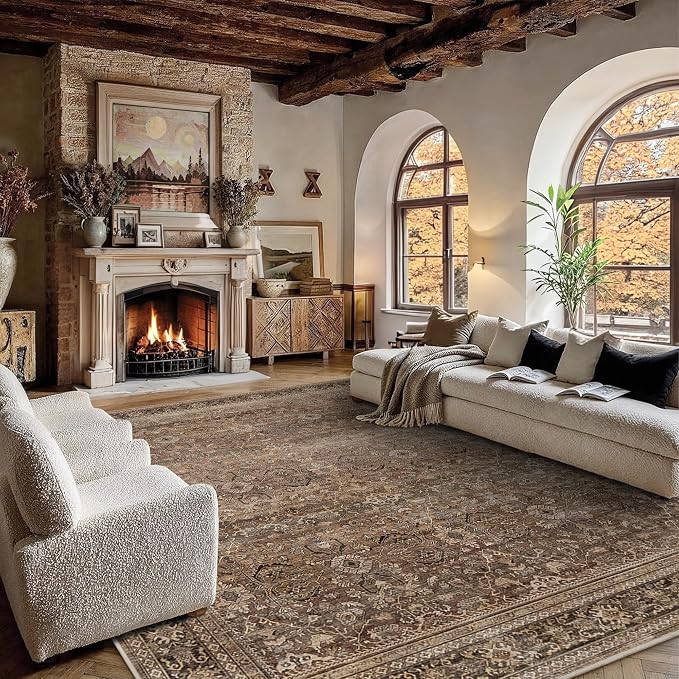 Schweek 9x12 Area Rug for Living Room Washable Vintage Non Slip Rugs Brown | - Image 3