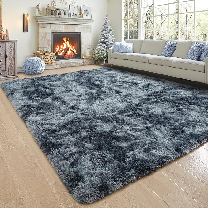 5x7 Tie-Dyed Blue and Grey Fluffy Soft Area Rug Non-Slip - Image 8