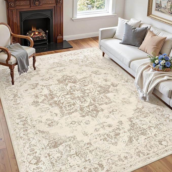 5x7 Area Rugs Living Room: Bedroom Washable Carpet Beige/Ivory | Vintage Boho - Image 3