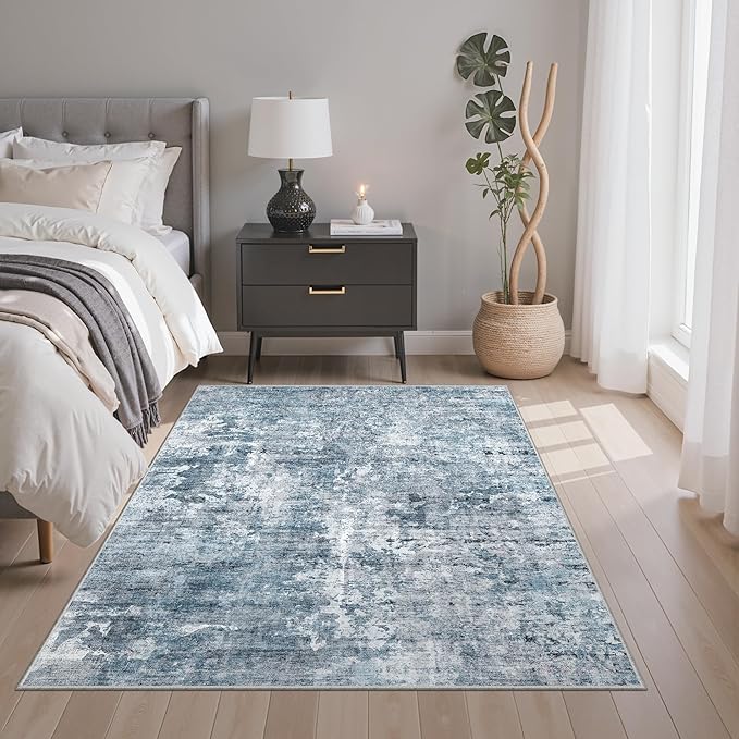 Soalmost Abstract 3x5 Rugs, Small Kitchen Entryway Area Rug Blue/Grey | Vintage - Image 2