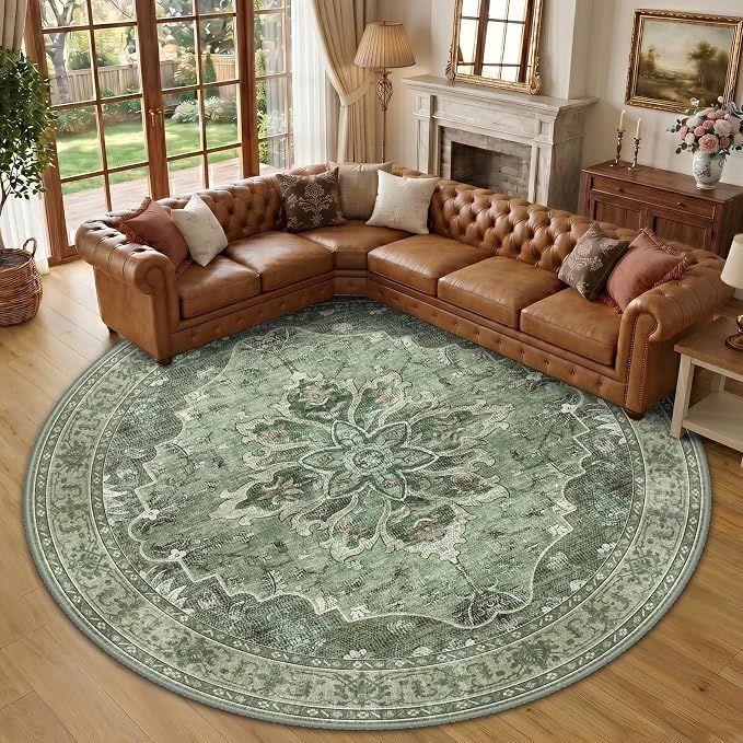 RELEANY Washable Area Rug, Round 10ft, Water Repellent, Pet Friendly, Vintage by RELEANY