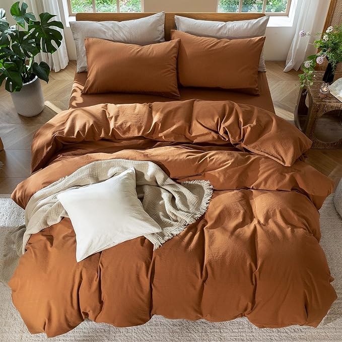 MooMee Bedding Duvet Cover Set 100% Washed Cotton Linen Like Textured Breathable Durable Soft Comfy (Solid Dark Orange, Alaska King 132"x120")