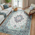 RELEANY Washable Area Rug, Teal Green/White/Navy | Non-Slip, Water Repellent by RELEANY