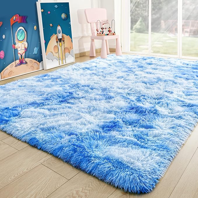 3x5 Tie-Dyed Blue Fluffy Soft Area Rug Non-Slip - Image 9