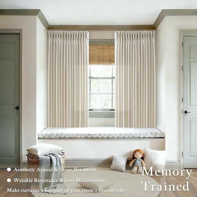 Semi Sheer Flax Linen Blend Pinch Pleat Beige Linen 72 Inch Curtains 50W | - Image 7