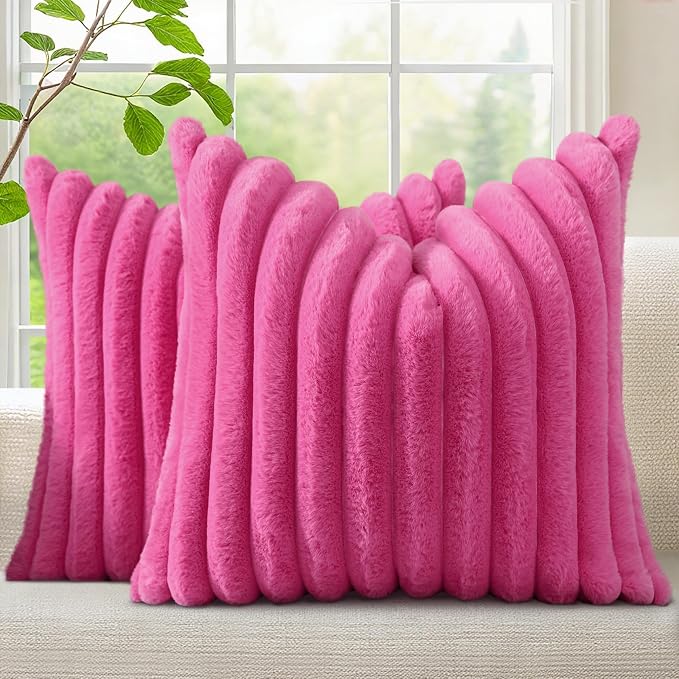 decorUhome Fall Faux Fur Throw Pillow Covers 18x18 Set of 2 Hot Pink | by decorUhome