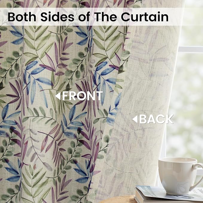 Yakamok 84 Inches Blue and Purple Leaves Linen Curtains - Image 3