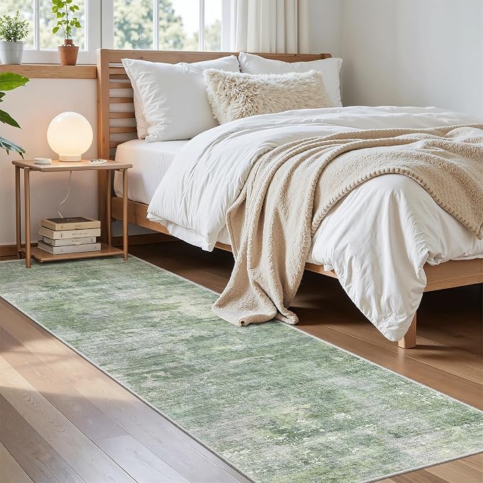 Soalmost Abstract Runner Rug 2x8 Hallway Kitchen Runners Green/Ivory | Vintage - Image 4