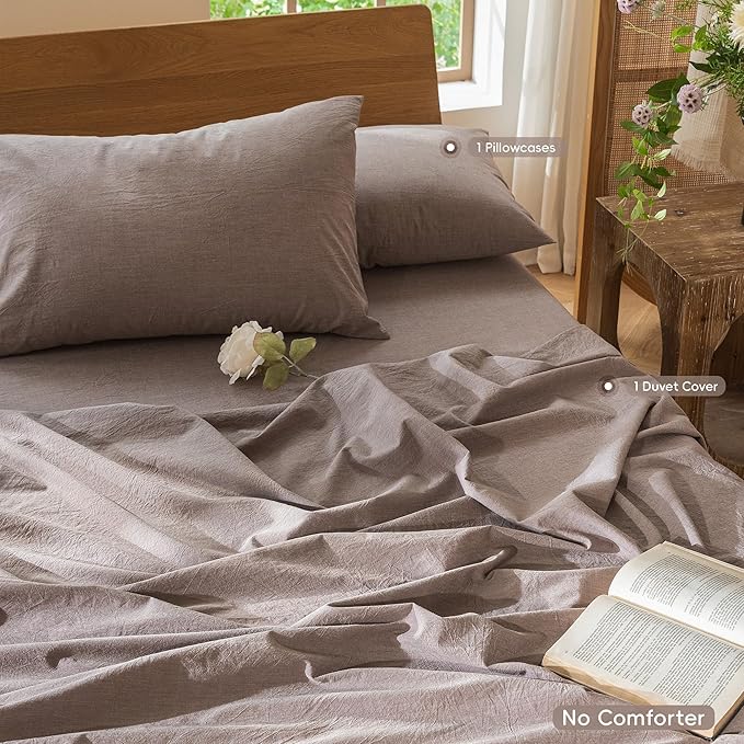MooMee Bedding Duvet Cover Set 100% Washed Cotton Linen Like Textured Breathable Durable Soft Comfy (Heathered Mauve Brown, Twin 68"x90")