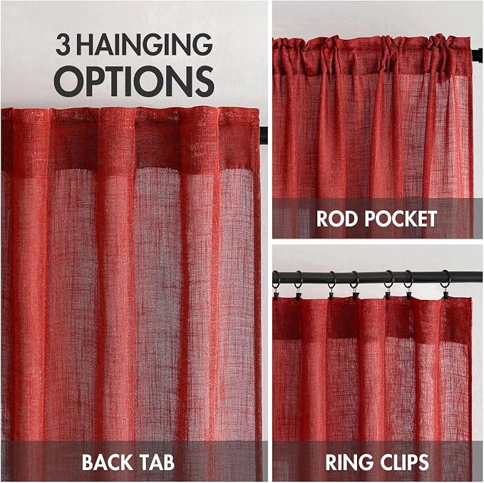 MIULEE Red Linen Short Curtains 52x63 Inch Long 2 Panel - Image 3